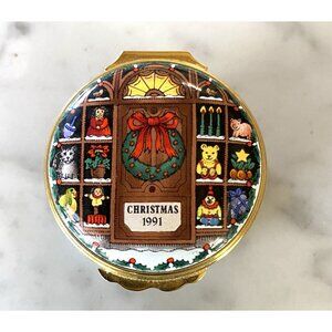 Halcyon Days Enamel "Christmas 1991" Trinket Box Decorated Inside The Lid